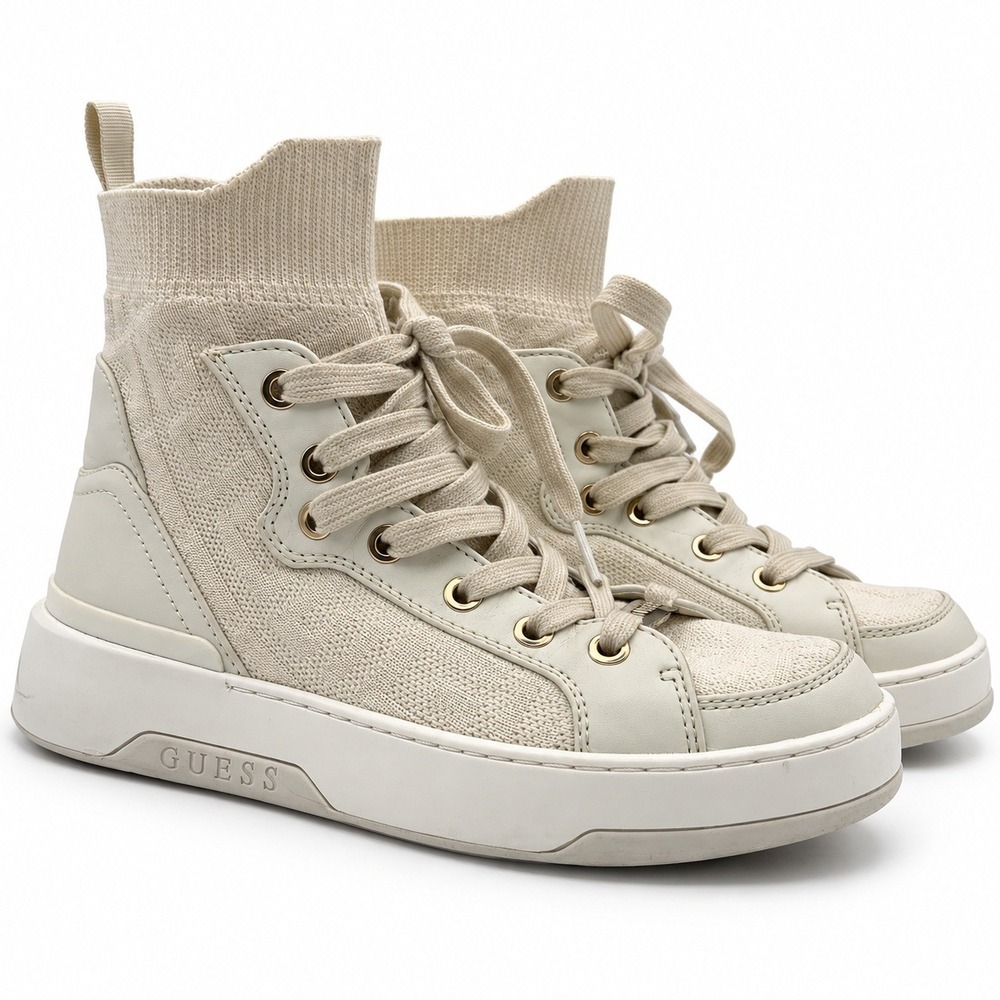Guess Manney High Top Sock Sneakers Womens 5.5 Cream Knit Platform Lace Up